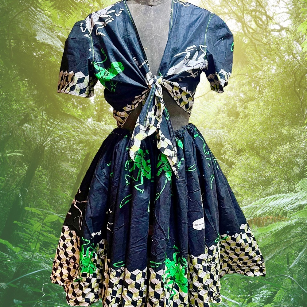 Two-Piece Beetle Border Print Skirt and Tie Top